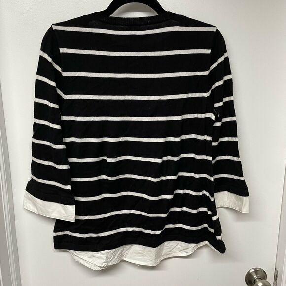 Chico's Sweater Knit Pullover Size 1 US 8/Medium Striped Navy White Layered Look - Picture 2 of 6